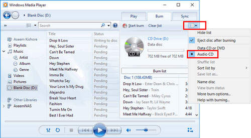 elija la opción de cd de audio en wmp